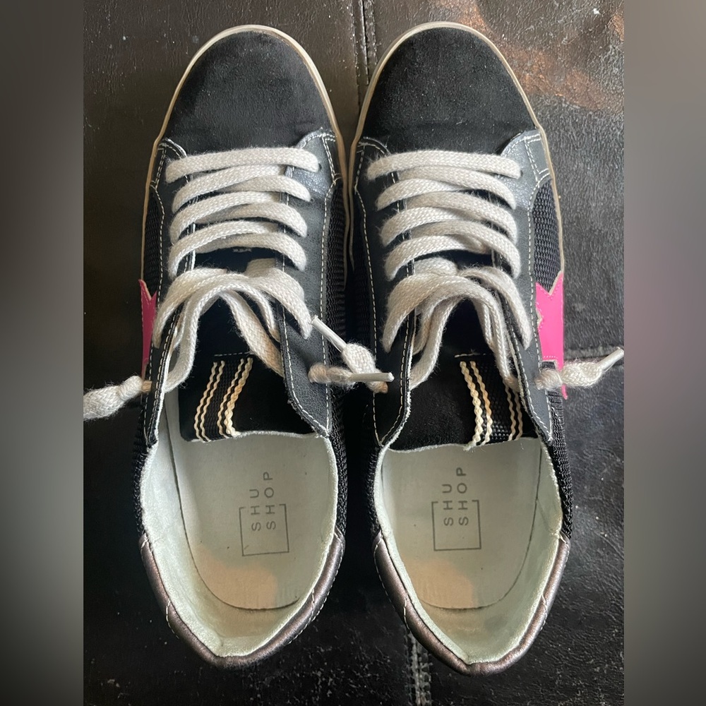 Shu Shop casual slip on shoes. Black with pink star on side. Size 8.5 women’s